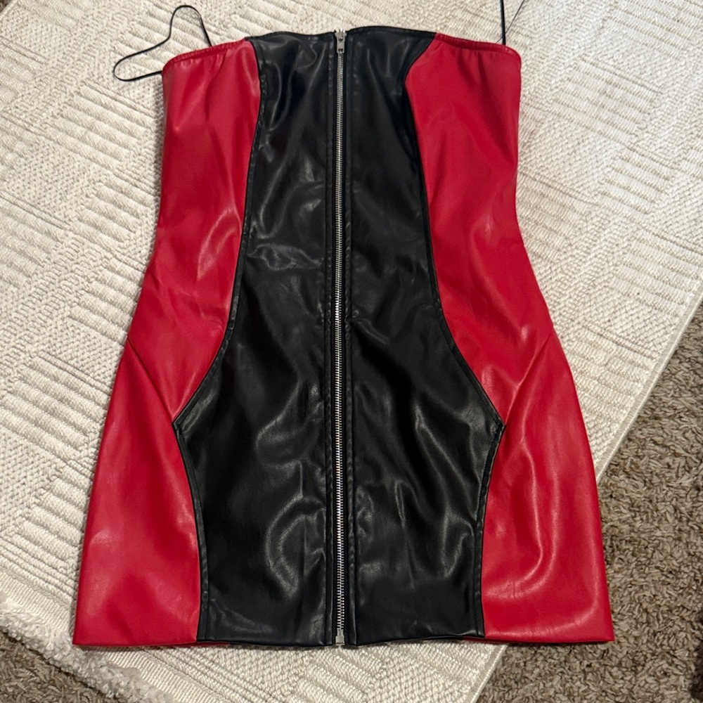 Windsor Red and Black Faux Leather Strapless Dress